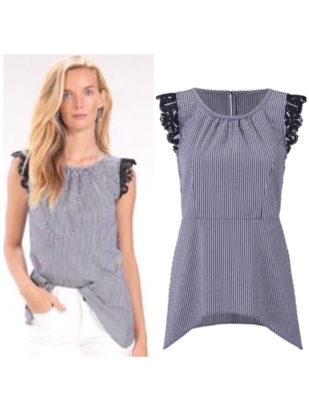Cabi Lace Flutter Top Blue White Stripe Seersucker Blouse Size M